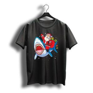 Santa Riding Shark With Christmas Gifts In Space Galaxy T-Shirt