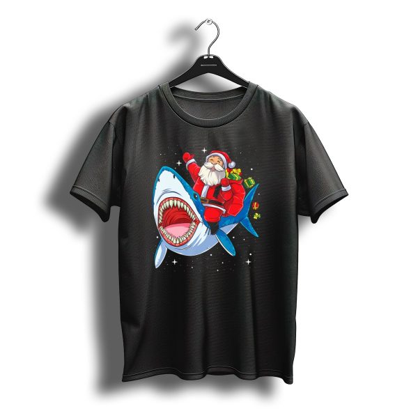 Santa Riding Shark With Christmas Gifts In Space Galaxy T Shirt t shirt 1
