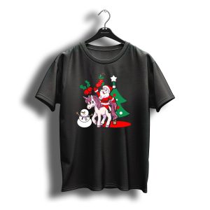 Santa Riding Unicorn Christmas Tree Snowman Stocking Holly T-Shirt