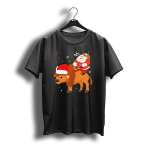 Santa Saying Ho Ho Ho Riding Bison With Christmas Hat And Snowflakes T-Shirt
