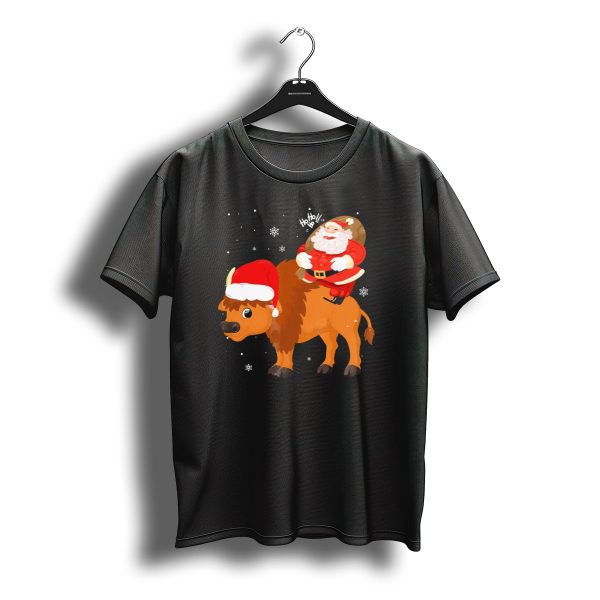 Santa Saying Ho Ho Ho Riding Bison With Christmas Hat And Snowflakes T Shirt t shirt 1
