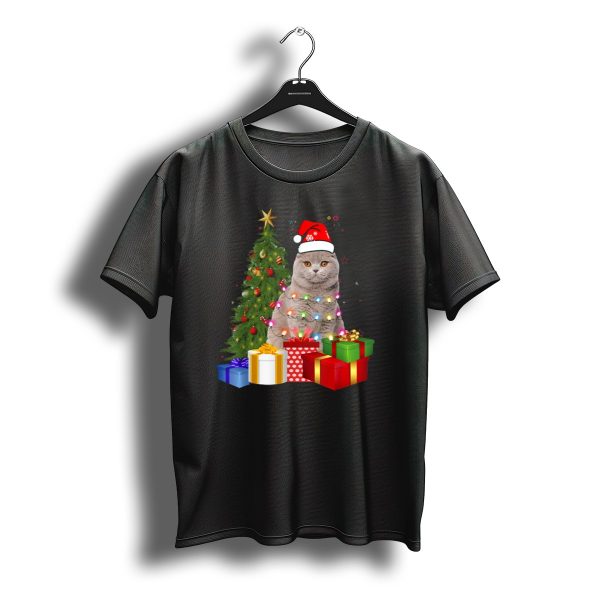 Santa Scottish Fold Cat Christmas Tree Wrapped In Holiday Lights And Presents T Shirt t shirt 1