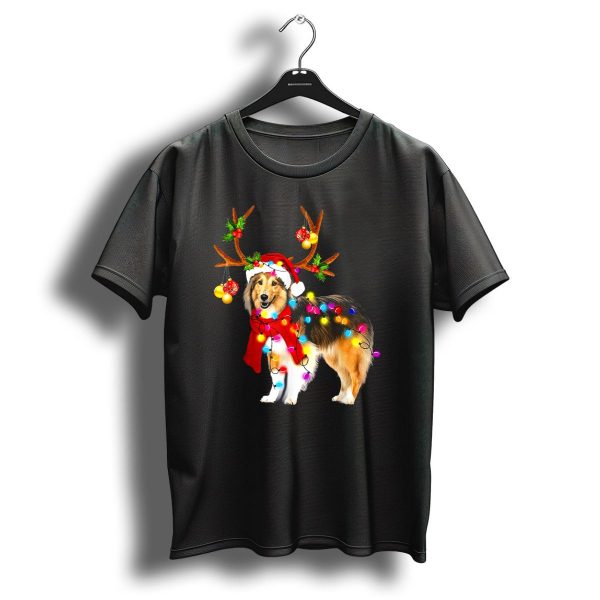 Santa Sheltie Reindeer Antlers Christmas Lights T Shirt 1 t shirt 1