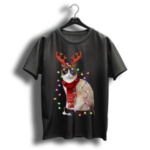 Santa Siamese Cat Reindeer Antlers Wrapped In Christmas Lights T Shirt