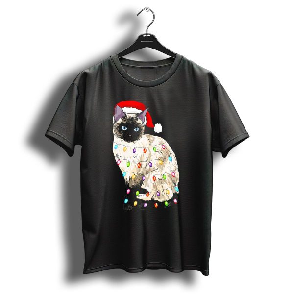 Santa Siamese Cat Wrapped In Colorful Christmas Lights T Shirt 1 t shirt 1