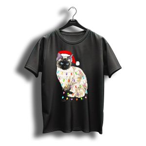 Santa Siamese Cat Wrapped In Colorful Christmas Lights T-Shirt