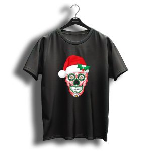 Santa Skellie Sugar Skull Santa Hat Christmas Hollys Skulls And Flowers T Shirt