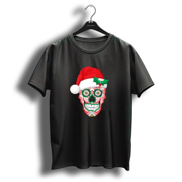 Santa Skellie Sugar Skull Santa Hat Christmas Hollys Skulls And Flowers T Shirt 1 t shirt 1