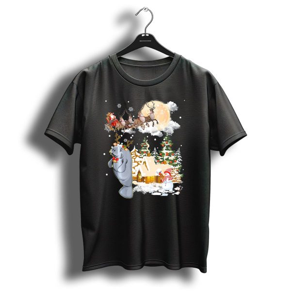 Santa Sleigh And Reindeer Over Village With Manatee Christmas Scene T Shirt 1 t shirt 1