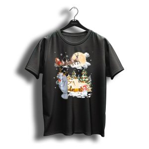 Santa Sleigh And Reindeer Over Village With Manatee Christmas Scene T-Shirt