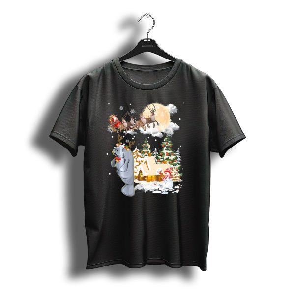 Santa Sleigh And Reindeer Over Village With Manatee Christmas Scene T Shirt t shirt 1