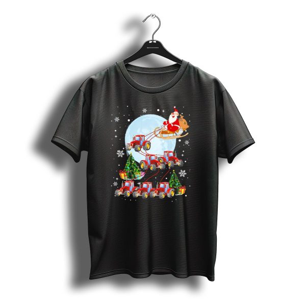 Santa Sleigh Farm Tractor Reindeer Christmas Moon Snowflakes T Shirt t shirt 1