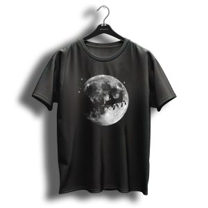 Santa Sleigh Reindeer Silhouette Against Full Christmas Moon T Shirt