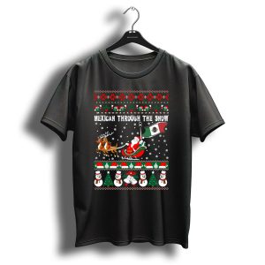 Santa Sleigh Ride Reindeer Mexican Flag Christmas Snowflakes Ugly T Shirt
