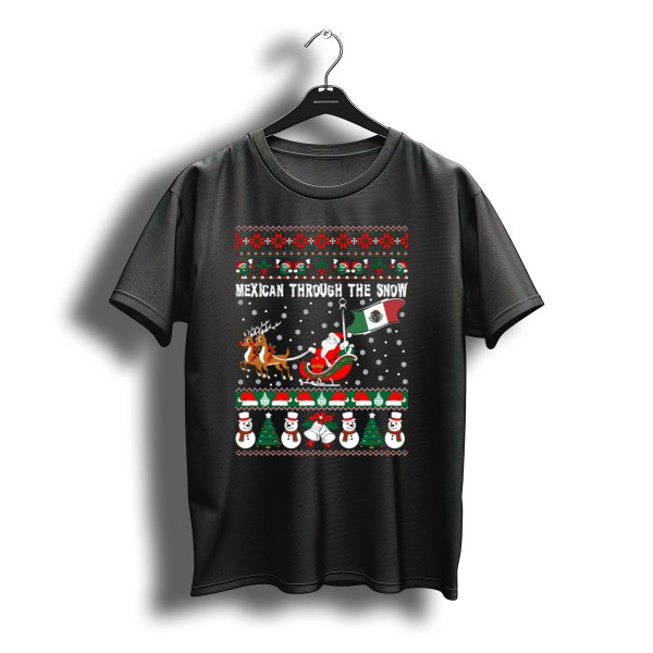 Santa Sleigh Ride Reindeer Mexican Flag Christmas Snowflakes Ugly T Shirt t shirt 1