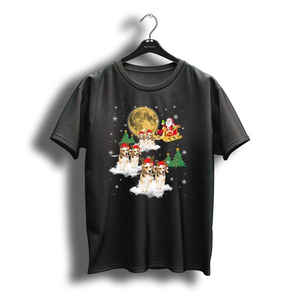 Santa Sleigh With Beagles In Christmas Hats Under Moon And Stars T Shirt t shirt 1