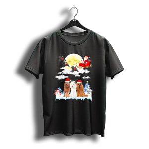Santa Sleigh With Poodle Reindeer And Christmas Tree Scene T-Shirt