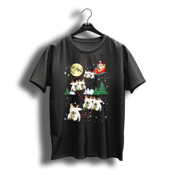 Santa Sleigh With Westie Reindeer Christmas Moon And Trees T Shirt t shirt 1