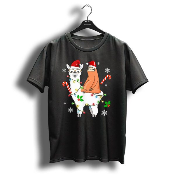 Santa Sloth On Llama With Christmas Lights And Candy Canes T Shirt 1 t shirt 1