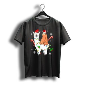 Santa Sloth On Llama With Christmas Lights And Candy Canes T-Shirt