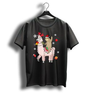 Santa Sloth Riding Llama Reindeer Christmas Snowflakes Candy Cane Ornaments T Shirt