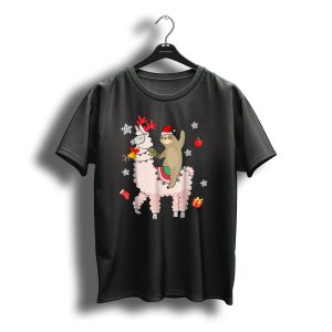 Santa Sloth Riding Llama Reindeer Christmas Snowflakes Candy Cane T-Shirt