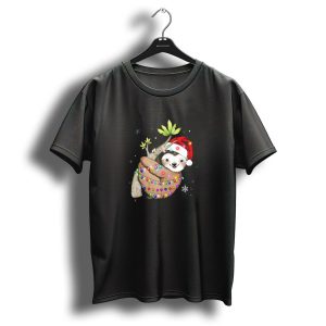 Santa Sloth Wrapped In Christmas Lights With Holiday Hat And Snowflakes T Shirt