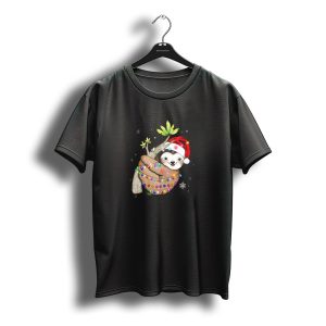 Santa Sloth Wrapped In Christmas Lights With Holiday Hat And Snowflakes T-Shirt