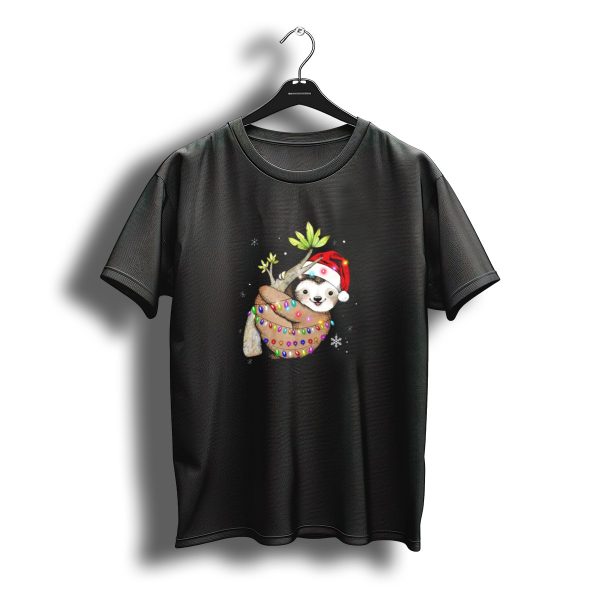 Santa Sloth Wrapped In Christmas Lights With Holiday Hat And Snowflakes T Shirt t shirt 1
