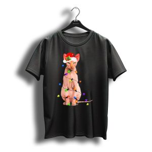 Santa Sphynx Cat Wrapped In Colorful Christmas Lights T-Shirt