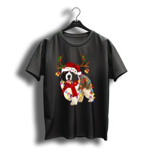 Santa St Bernard Reindeer Antler Christmas Lights Holiday Garland T-Shirt