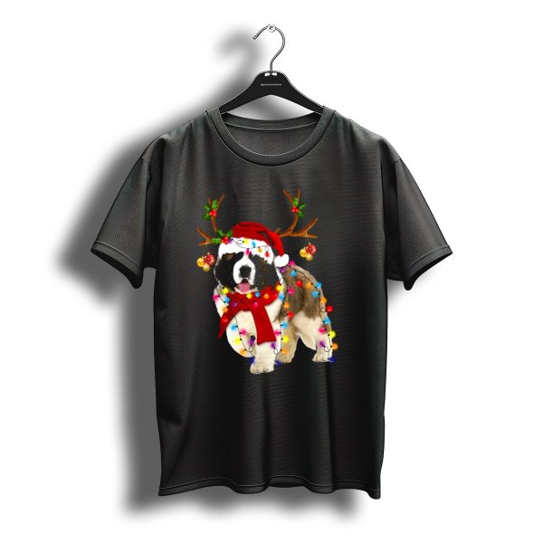 Santa St Bernard Reindeer Antler Christmas Lights Holiday Garland T Shirt t shirt 1