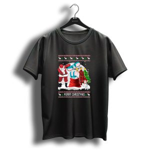 Santa With Snowboard Merry Christmas Festive Scene With Snowman And Tree T Shirt