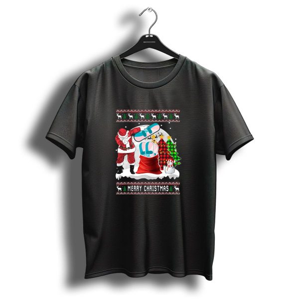 Santa With Snowboard Merry Christmas Festive Scene With Snowman And Tree T Shirt 1 t shirt 1