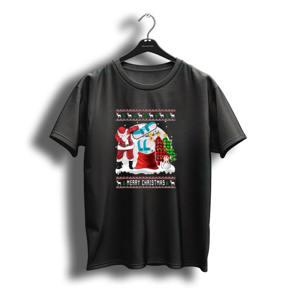 Santa With Snowboard Merry Christmas Festive Scene With Snowman And Tree T Shirt t shirt 1