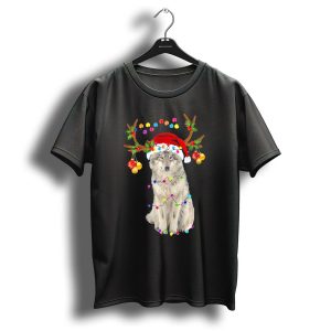 Santa Wolf With Festive Reindeer Antlers And Christmas Lights T Shirt