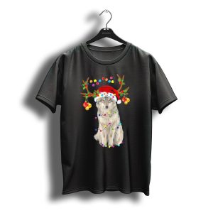 Santa Wolf With Festive Reindeer Antlers And Christmas Lights T-Shirt