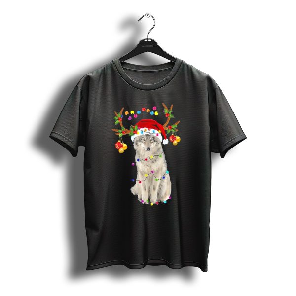 Santa Wolf With Festive Reindeer Antlers And Christmas Lights T Shirt t shirt 1