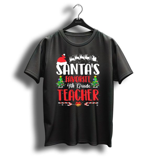 Santas Favorite 4Th Grade Teacher Christmas Shirt With Santa Hat And Reindeer Sleigh T Shirt 1 t shirt 1
