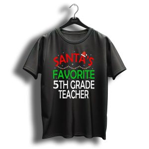 Santas Favorite 5Th Grade Teacher Christmas Hat Snowflakes Holiday Lights T-Shirt