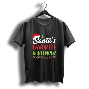 Santas Favorite Bartender Christmas Santa Hat Tree Lights T Shirt