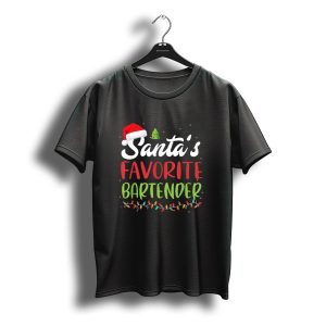 Santa'S Favorite Bartender Christmas Santa Hat Tree Lights T-Shirt