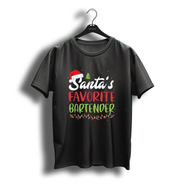 Santas Favorite Bartender Christmas Santa Hat Tree Lights T Shirt t shirt 1