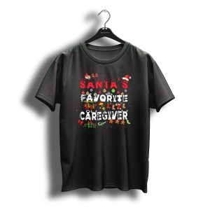 Santa'S Favorite Caregiver Christmas Theme With Ornaments And Santa Hat T-Shirt