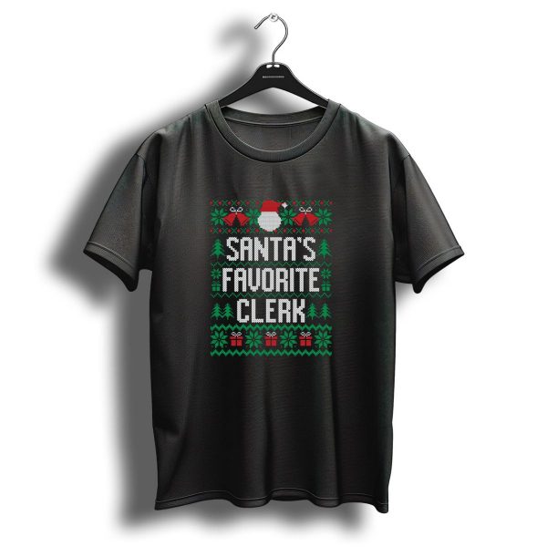 Santas Favorite Clerk Christmas Sweater Design With Santa Hat Bells Trees Gifts And Snowflakes T Shirt 1 t shirt 1