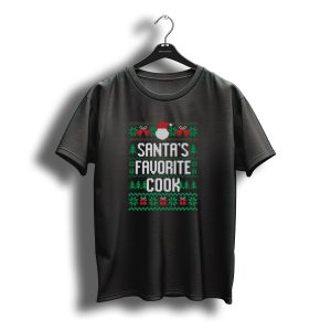 Santa'S Favorite Cook Ugly Christmas Sweater Design With Santa Hat And Gift Icons T-Shirt