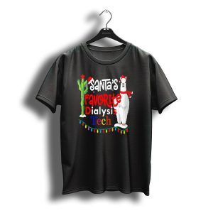 Santa'S Favorite Dialysis Tech Christmas Hat With Festive Llama And Cactus T-Shirt