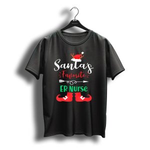 Santa'S Favorite Er Nurse Christmas Hat Antlers Boots T-Shirt