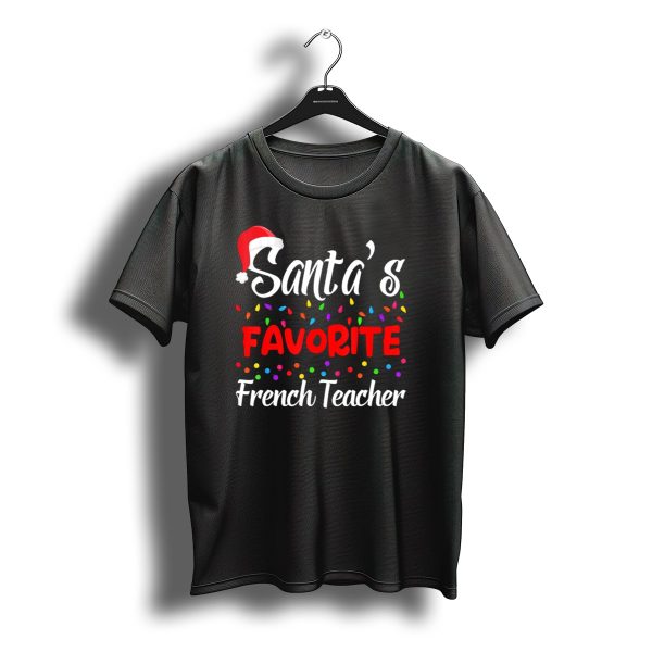 Santas Favorite French Teacher Christmas Lights Santa Hat T Shirt t shirt 1