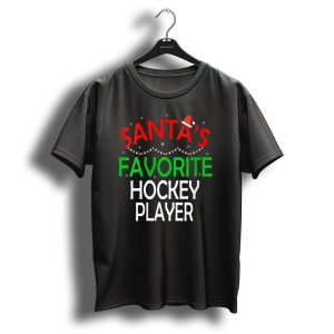 Santas Favorite Hockey Player Santa Hat Snowflakes Christmas Lights T Shirt